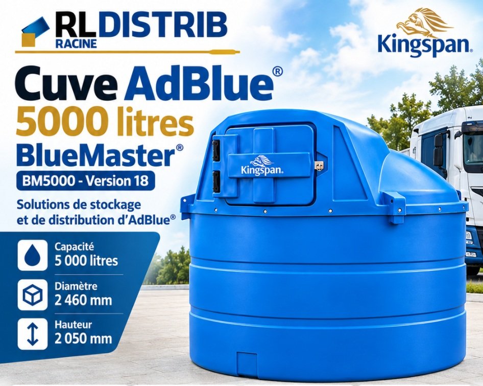 Cuve AdBlue&reg; 5000 L BlueMaster&reg; Kingspan double paroi. Pompe 35 L/min, compteur K24, tuyau 6 m et pistolet automatique. RL DISTRIB.